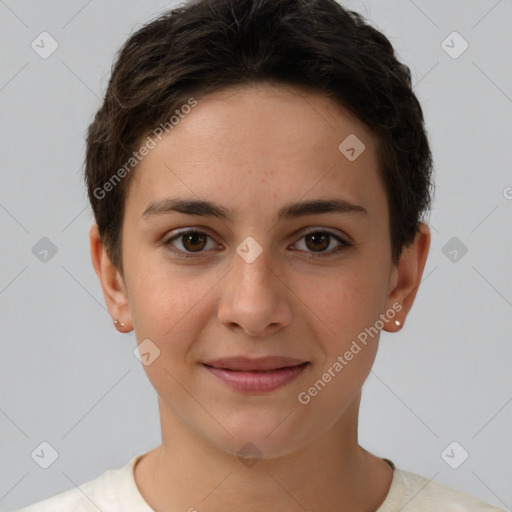 Joyful white young-adult female with short  brown hair and brown eyes