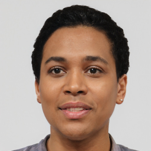 Neutral latino young-adult female with short  black hair and brown eyes
