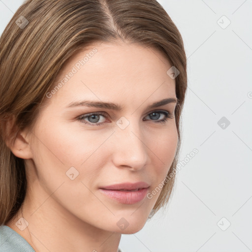 Neutral white young-adult female with long  brown hair and grey eyes