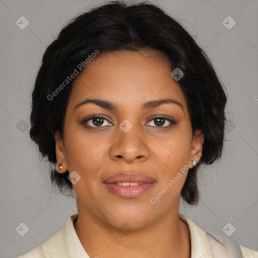 Joyful black young-adult female with medium  brown hair and brown eyes