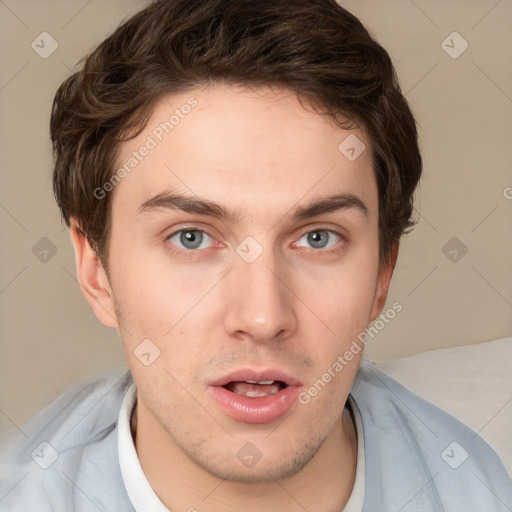 Neutral white young-adult male with short  brown hair and grey eyes