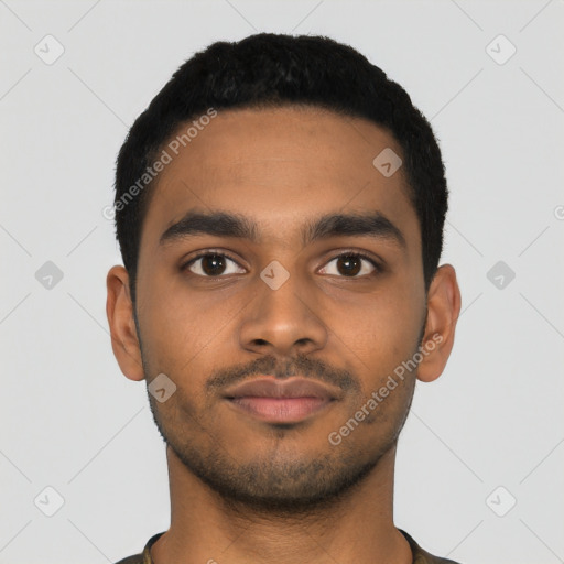Neutral latino young-adult male with short  black hair and brown eyes