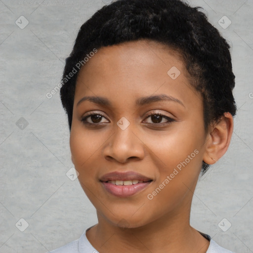 Joyful latino young-adult female with short  black hair and brown eyes