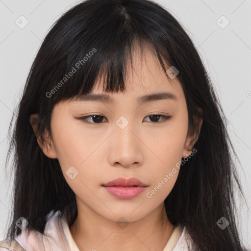 Neutral asian young-adult female with medium  brown hair and brown eyes