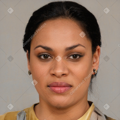 Joyful latino young-adult female with short  brown hair and brown eyes