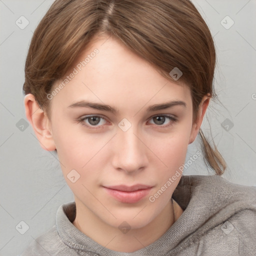 Neutral white young-adult female with short  brown hair and brown eyes