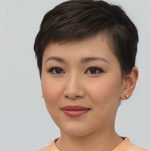 Joyful asian young-adult female with short  brown hair and brown eyes