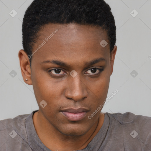 Neutral black young-adult female with short  brown hair and brown eyes