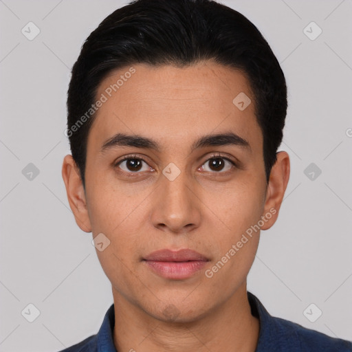 Neutral latino young-adult male with short  black hair and brown eyes