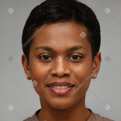 Joyful black young-adult female with short  black hair and brown eyes