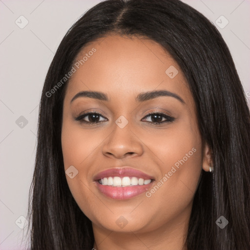 Joyful latino young-adult female with long  black hair and brown eyes