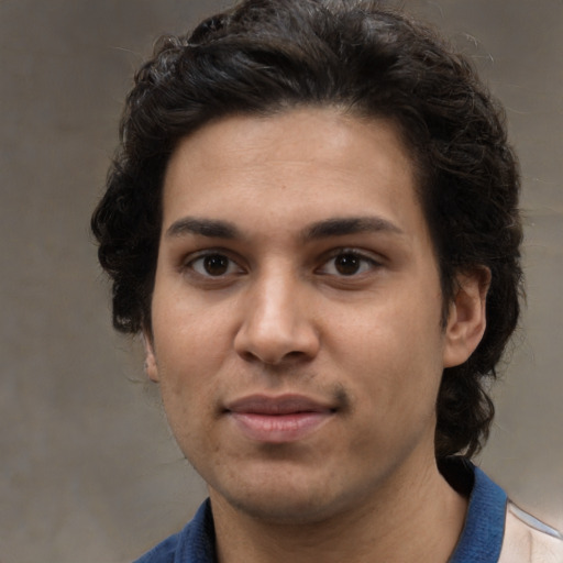 Joyful white young-adult male with medium  brown hair and brown eyes
