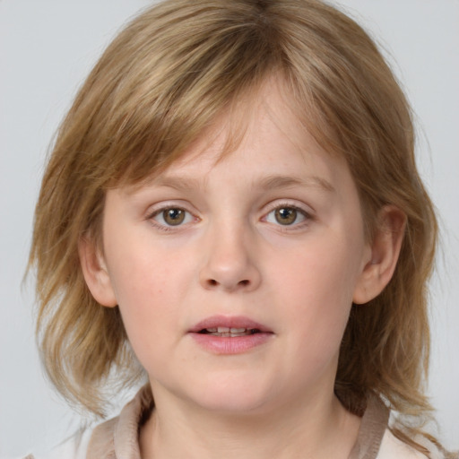 Neutral white child female with medium  brown hair and grey eyes