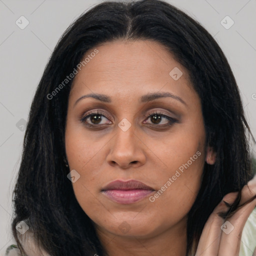 Joyful asian young-adult female with long  brown hair and brown eyes