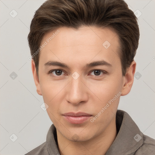 Neutral white young-adult male with short  brown hair and brown eyes