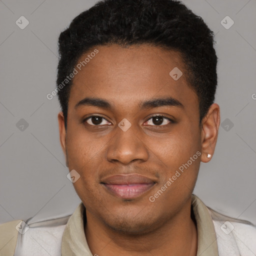 Joyful black young-adult male with short  black hair and brown eyes