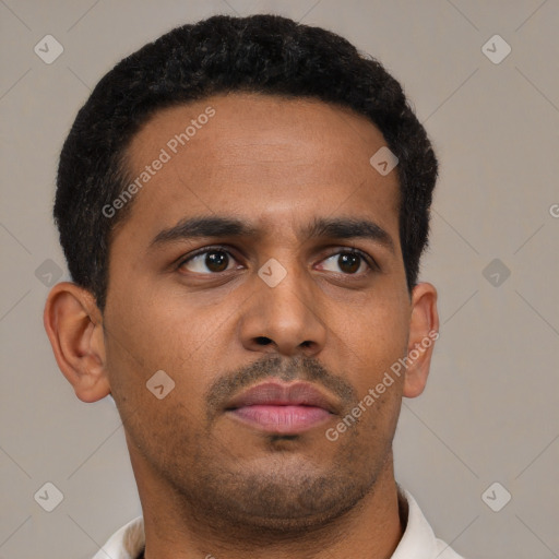 Neutral latino young-adult male with short  brown hair and brown eyes