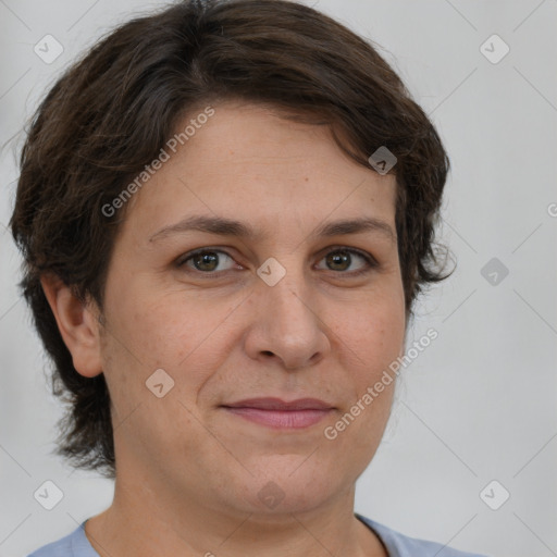 Joyful white adult female with short  brown hair and brown eyes