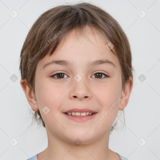 Joyful white child female with medium  brown hair and brown eyes