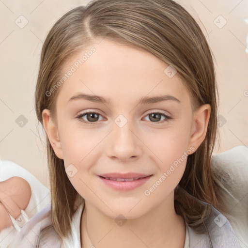 Joyful white child female with medium  brown hair and brown eyes