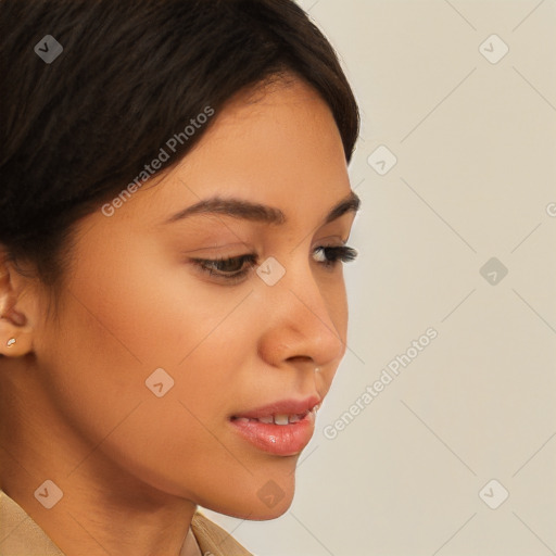 Neutral white young-adult female with short  brown hair and brown eyes