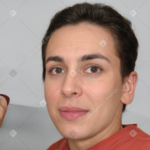 Joyful white young-adult female with short  brown hair and brown eyes