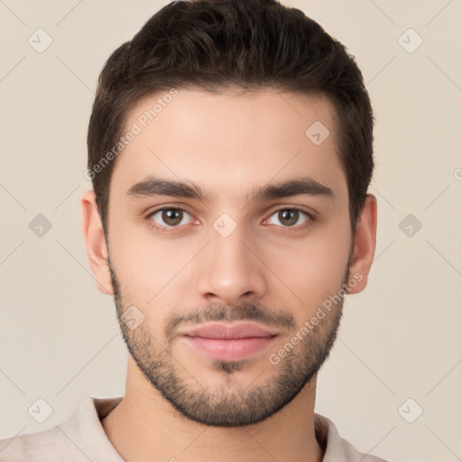 Neutral white young-adult male with short  brown hair and brown eyes