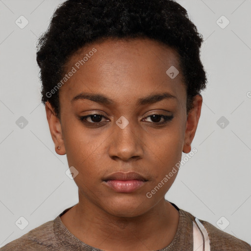 Neutral latino young-adult female with short  black hair and brown eyes