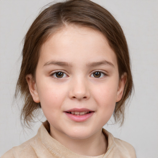 Joyful white child female with medium  brown hair and brown eyes