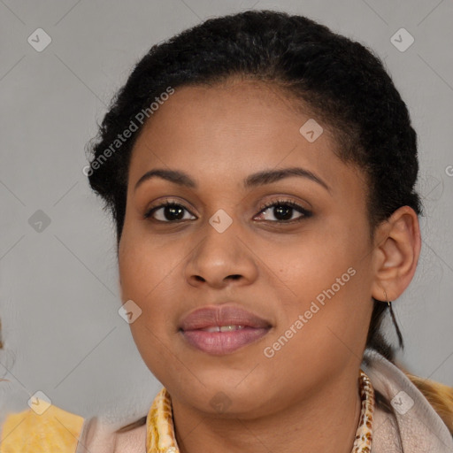 Joyful latino young-adult female with short  brown hair and brown eyes