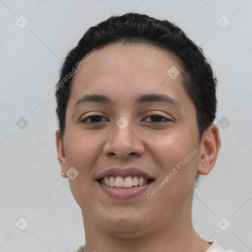 Joyful white young-adult female with short  brown hair and brown eyes