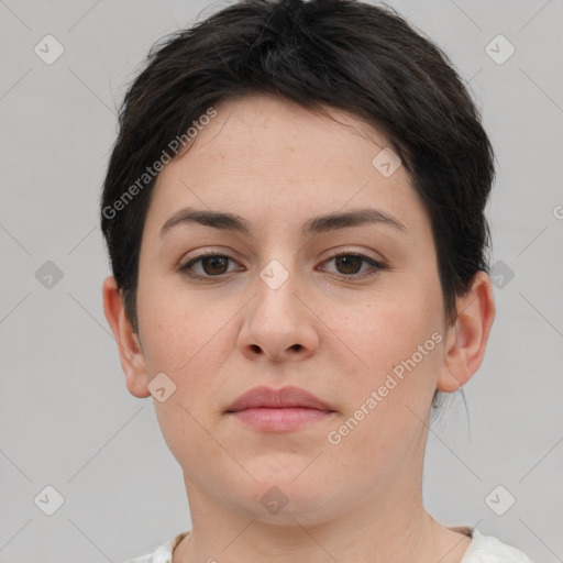 Neutral white young-adult female with short  brown hair and brown eyes