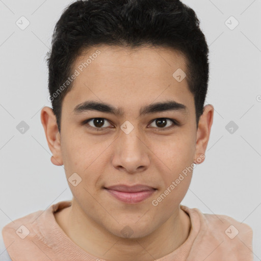 Joyful latino young-adult male with short  brown hair and brown eyes