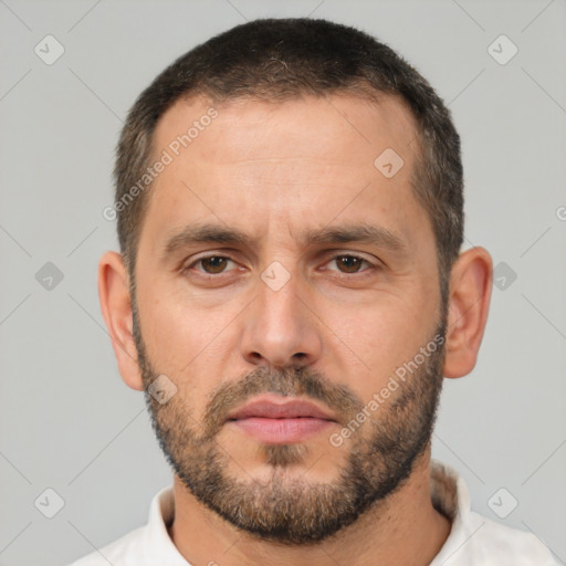 Neutral white adult male with short  brown hair and brown eyes