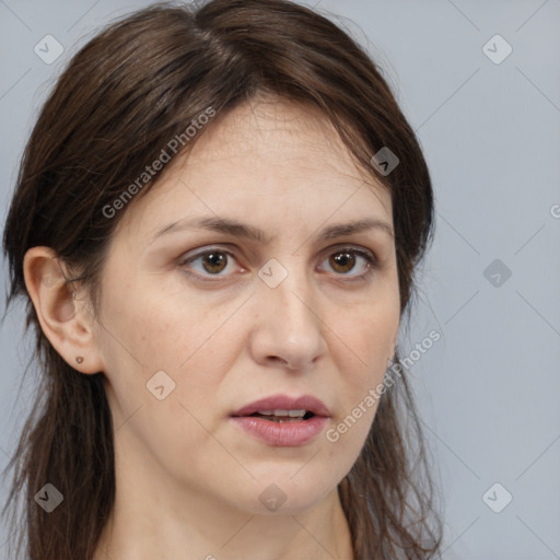 Neutral white young-adult female with medium  brown hair and brown eyes