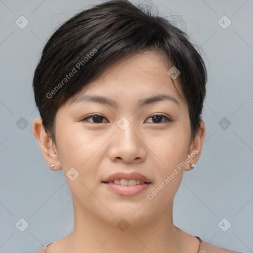 Joyful asian young-adult female with short  brown hair and brown eyes