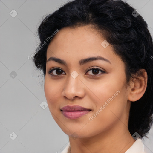 Joyful latino young-adult female with medium  black hair and brown eyes