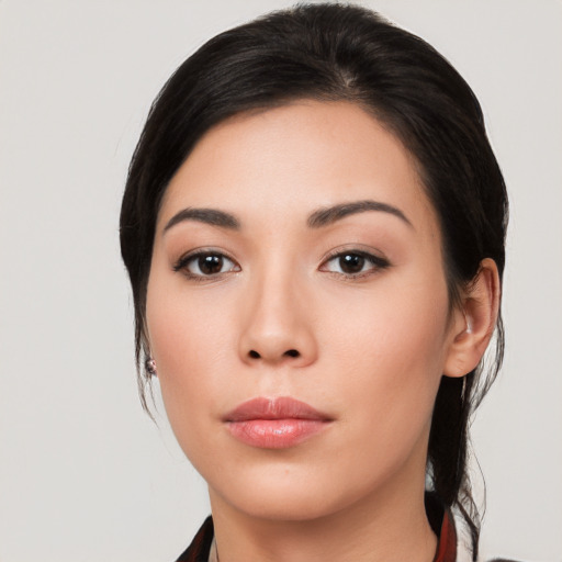 Neutral asian young-adult female with medium  black hair and brown eyes