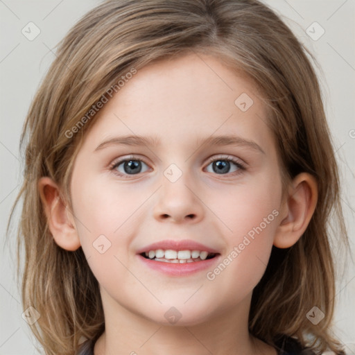 Joyful white child female with medium  brown hair and grey eyes