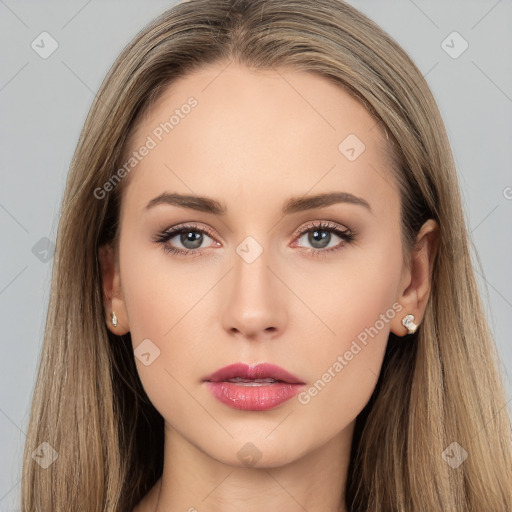 Neutral white young-adult female with long  brown hair and brown eyes