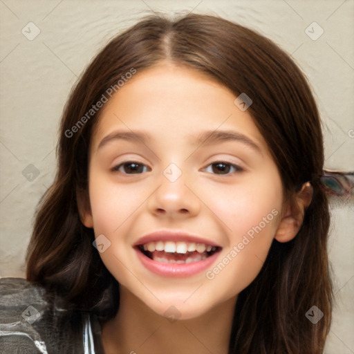 Joyful white child female with medium  brown hair and brown eyes