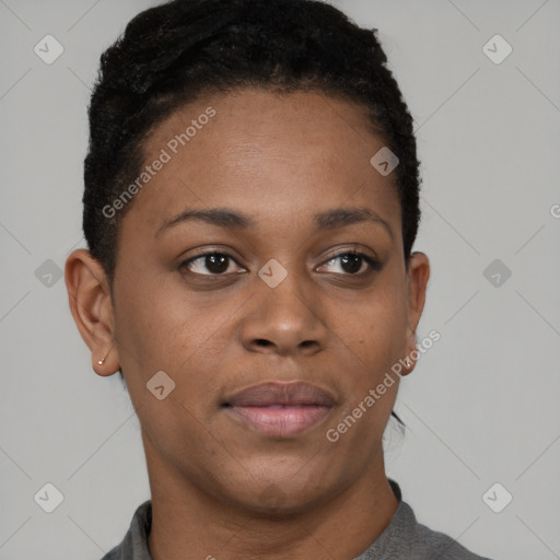 Joyful black young-adult female with short  brown hair and brown eyes