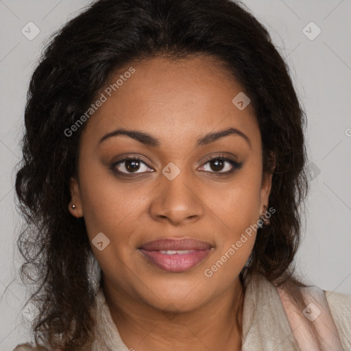 Joyful black young-adult female with long  brown hair and brown eyes