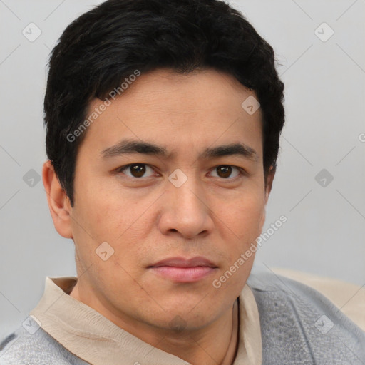 Neutral asian young-adult male with short  black hair and brown eyes