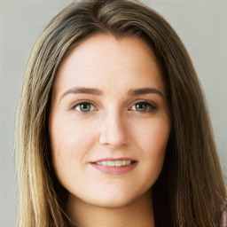 Joyful white young-adult female with long  brown hair and green eyes