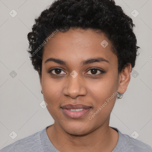 Joyful latino young-adult female with short  black hair and brown eyes