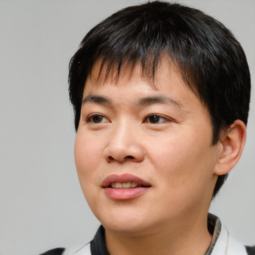 Joyful asian young-adult female with short  brown hair and brown eyes