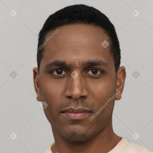 Neutral black young-adult male with short  black hair and brown eyes