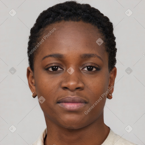 Neutral black young-adult female with short  brown hair and brown eyes