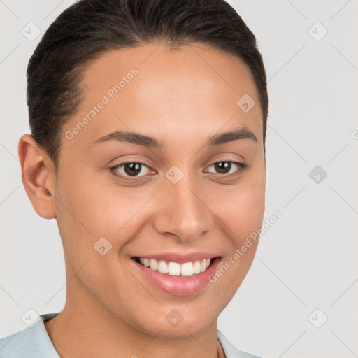 Joyful white young-adult female with short  brown hair and brown eyes